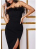 Strapless Black Feather Jersey Midi Party Dress